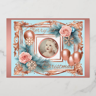 Erstes Weihnachts-Baby-Mädchen Pastell-Roségold Re Folieneinladung
