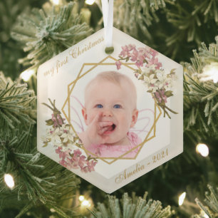 Erstes Weihnachts-Babymädchen Foto Rosa Orchideen  Ornament Aus Glas
