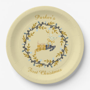 Erstes Weihnachts-Hirsch mit Kranz Softgelb Pappteller