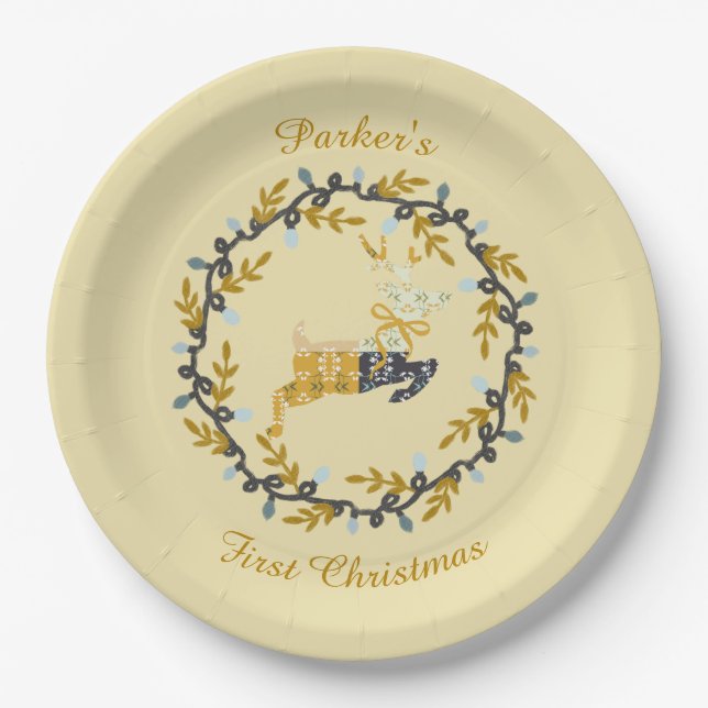 Erstes Weihnachts-Hirsch mit Kranz Softgelb  Pappteller (Vorderseite)