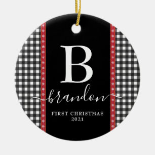 Erstes Weihnachts-Monogramm Baby-Name Buffalo Karo Keramik Ornament