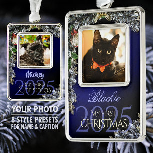 Erstes Weihnachts-Tierfoto-Andenken, Schwarz-Blau  Rahmen-Ornament Silber