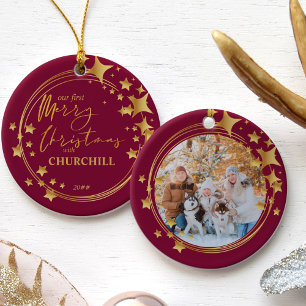 Erstes Weihnachts-Tierfoto Rot und Goldener Stern Keramik Ornament