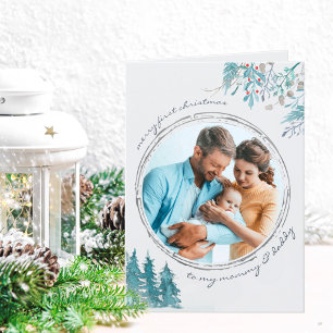 Erstes Weihnachts-Winterwald-Baby-Foto Feiertagskarte