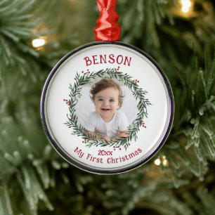 Erstes Weihnachtsbaby-Foto-Andenken Ornament Aus Metall