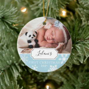 Erstes Weihnachtsbaby-Foto Blau Keramik Ornament