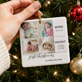 Erstes Weihnachtsbaby-Foto-Collage-Statistiken Keramikornament