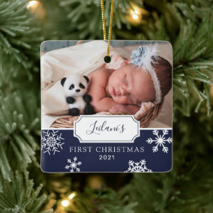 Erstes Weihnachtsbaby-Foto Schnee Navyblau Keramikornament