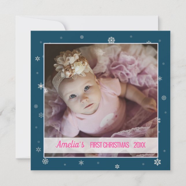 Erstes Weihnachtsbaby Girl Blue Snowflakes Foto Karte (Vorderseite)