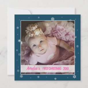 Erstes Weihnachtsbaby Girl Blue Snowflakes Foto Karte