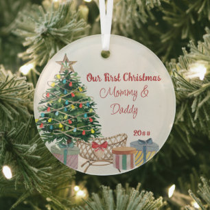 Erstes Weihnachtsbaum und Kinderbett für neue Elte Ornament Aus Glas