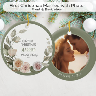 Erstes Weihnachtsblumendatum Verheiratetes Foto Keramik Ornament
