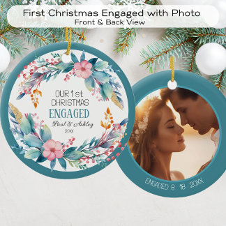 Erstes Weihnachtsblumendatum Verlobtes Foto Keramik Ornament