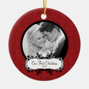 Erstes Weihnachtsfest Foto Ornament Red Damask