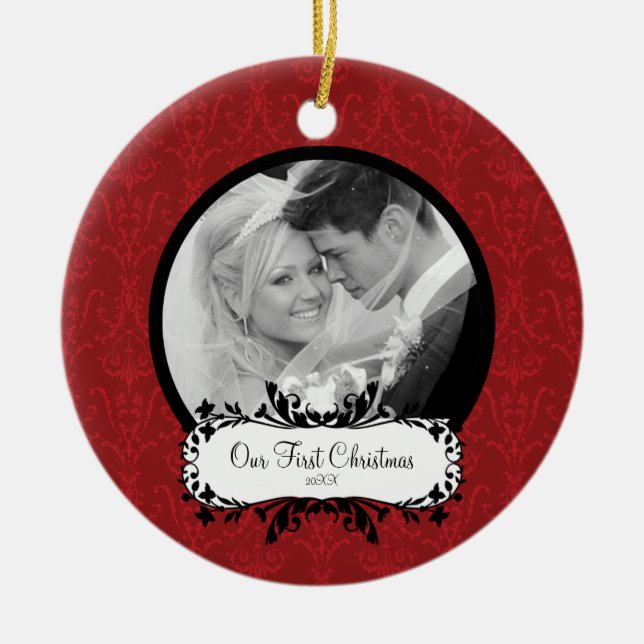 Erstes Weihnachtsfest Foto Ornament Red Damask (Vorne)