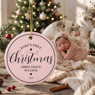 Erstes Weihnachtsfoto-Andenken Baby Rosa Keramik Ornament
