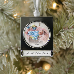 Erstes Weihnachtsfoto-Andenken für Babys Banner-Ornament Silber