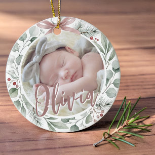 Erstes Weihnachtsfoto Baby Dusty Rose & Grün Keramik Ornament
