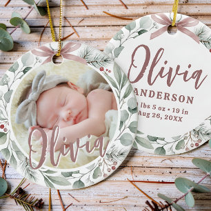 Erstes Weihnachtsfoto Baby Dusty Rose & Grün Keramik Ornament