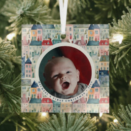 Erstes Weihnachtsfoto Blaue Festliche Häuser Feier Ornament Aus Glas