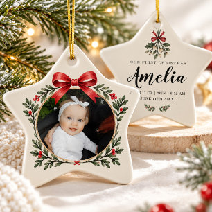 Erstes Weihnachtsfoto des Babys mit Geburtsstatist Keramik Ornament