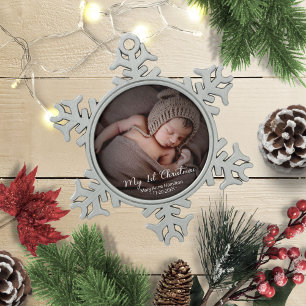 Erstes Weihnachtsfoto des Babys Schneeflocken Zinn-Ornament