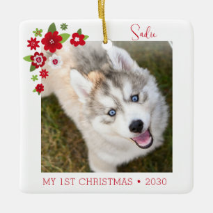 Erstes Weihnachtsfoto des Hundes Keramikornament