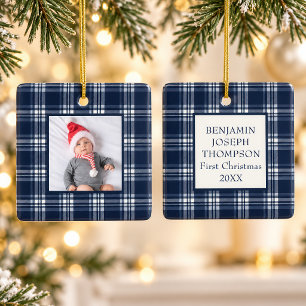Erstes Weihnachtsfoto Navy Blau Kariert Keramikornament
