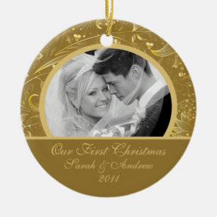 Erstes WeihnachtsFoto-Verzierungs-Gold mit Blumen Keramikornament