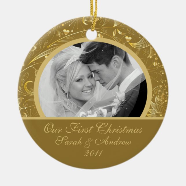 Erstes WeihnachtsFoto-Verzierungs-Gold mit Blumen Keramikornament (Vorne)