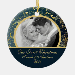 Erstes WeihnachtsFoto-Verzierungs-Goldblumenblau Keramikornament