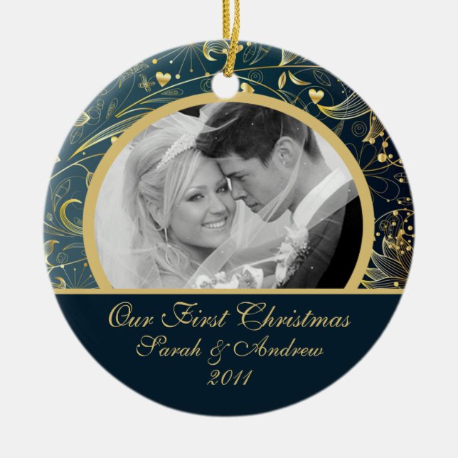 Erstes WeihnachtsFoto-Verzierungs-Goldblumenblau Keramikornament (Vorne)