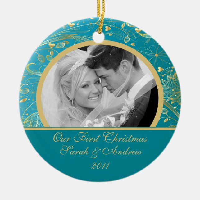 Erstes WeihnachtsFoto-Verzierungs-Goldblumenblau Keramikornament (Vorne)