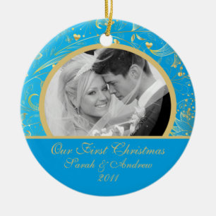 Erstes WeihnachtsFoto-Verzierungs-Goldblumenblau Keramikornament