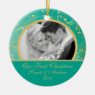 Erstes WeihnachtsFoto-Verzierungs-Goldmit Keramik Ornament