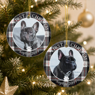 Erstes Weihnachtsfoto von Hund Plaid Erinnerungsst Keramik Ornament