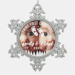 Erstes Weihnachtsfoto von Zwillingen Schneeflocken Zinn-Ornament