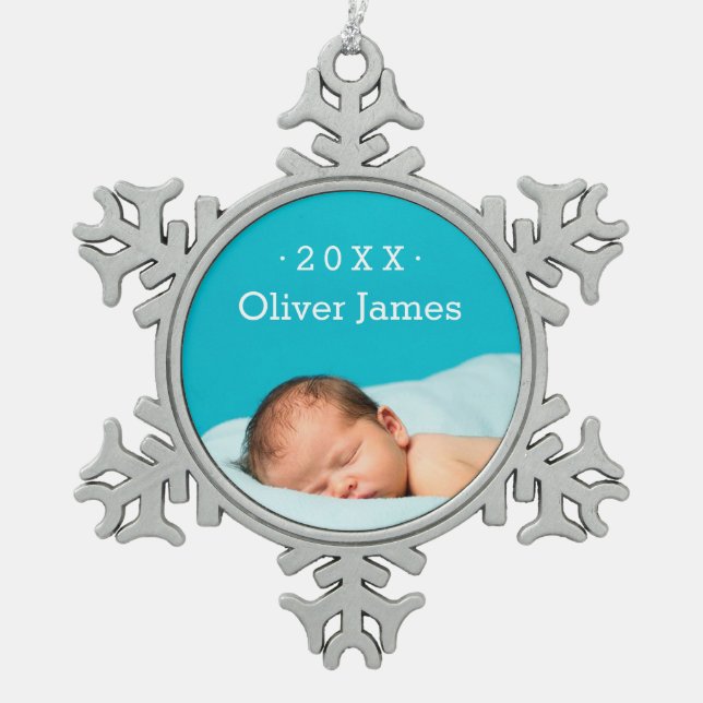 Erstes Weihnachtsgebäck Foto Keepake Holiday Ornam Schneeflocken Zinn-Ornament (Vorderseite)