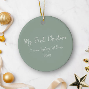 Erstes Weihnachtsskript Baby-Foto Salbeigrün Keramik Ornament