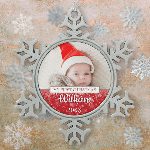 Erstes Weihnachtsskript-Babys Foto Schneeflocken Zinn-Ornament