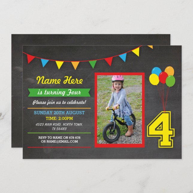 Erstfarbige Geburtstagskinder Jungen 4. Foto Einladung (Vorne/Hinten)