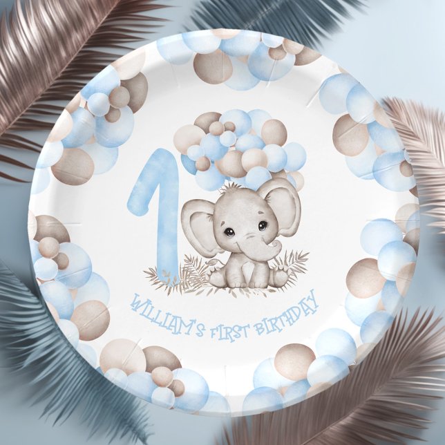 Erstgeburtenjunge Niedliche Elefantenpapier-Teller Pappteller (First Birthday Boy Cute Elephant Paper Plates)