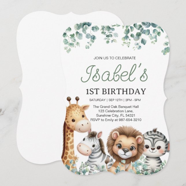 Erstgeburtsjungstag, Eukalyptus 1. Geburtstag Einladung (Vorne/Hinten)