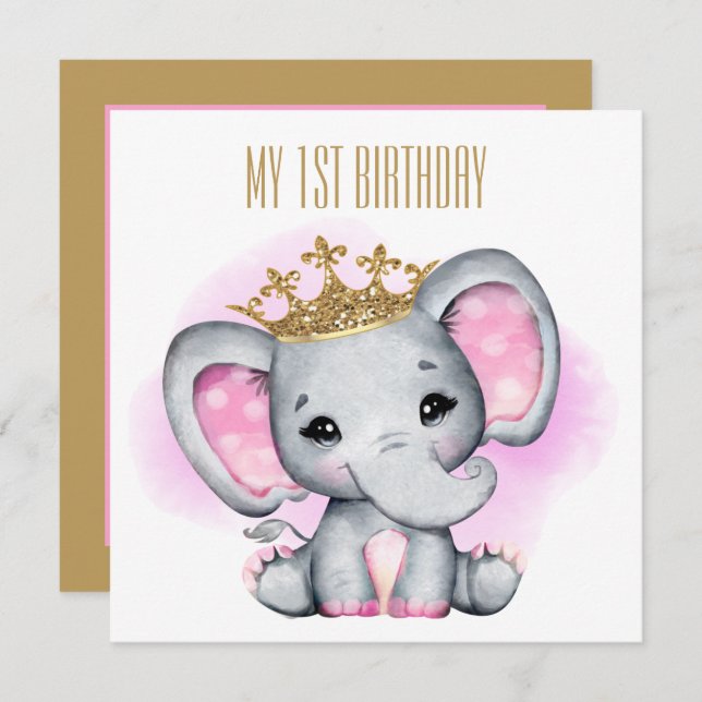 Erstgeburtskind Princess Elefant Einladung (Vorne/Hinten)