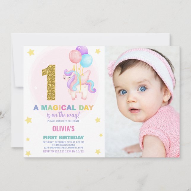 Erstgeburtstag Einhorn Geburtstag Einladungen Foto (Vorderseite)