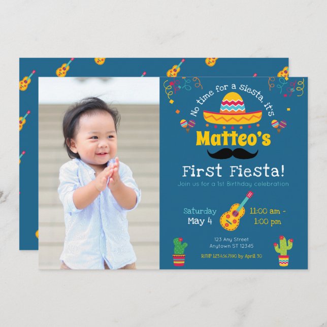 Erstgeburtstag Fiesta Mexikanischer Geburtstag Ein Einladung (Vorne/Hinten)