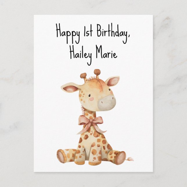Erstgeburtstag Toy Giraffe Personalisiert Postkarte (Vorderseite)