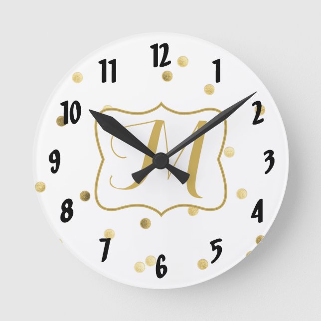 Erstklemme für den Gold Glitzer Confetti Monogram Runde Wanduhr (Vorderseite)