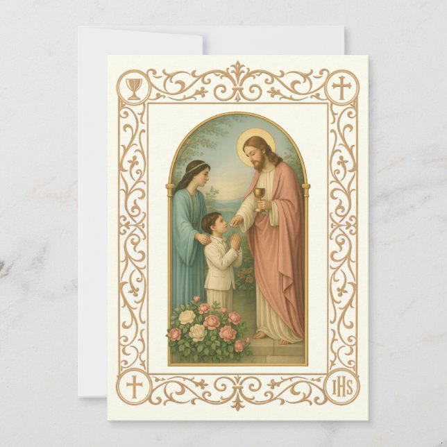 Erstkommunion Antiker Junge mit Jesus Einladung (Vorderseite)