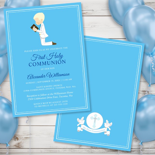 Erstkommunion Blond Boy Blue Einladung (First Communion Blond Boy Blue Invitation)